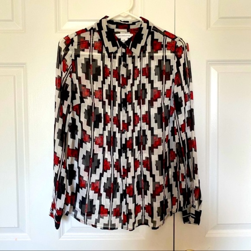 Red Black White Long Sleeve Blouse Office Outfit